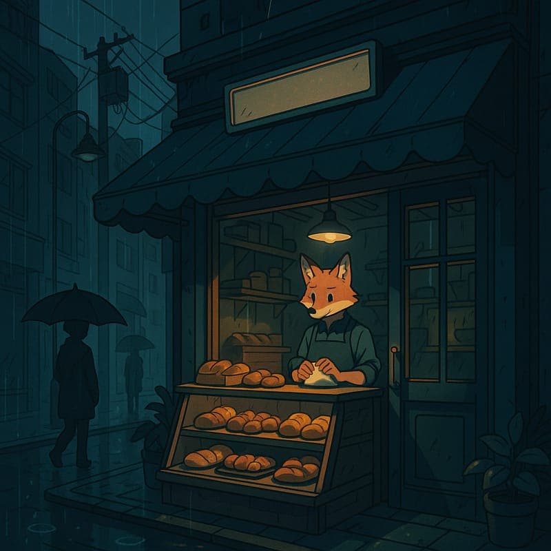 Anime cartoon style example — a fox opening a bakery