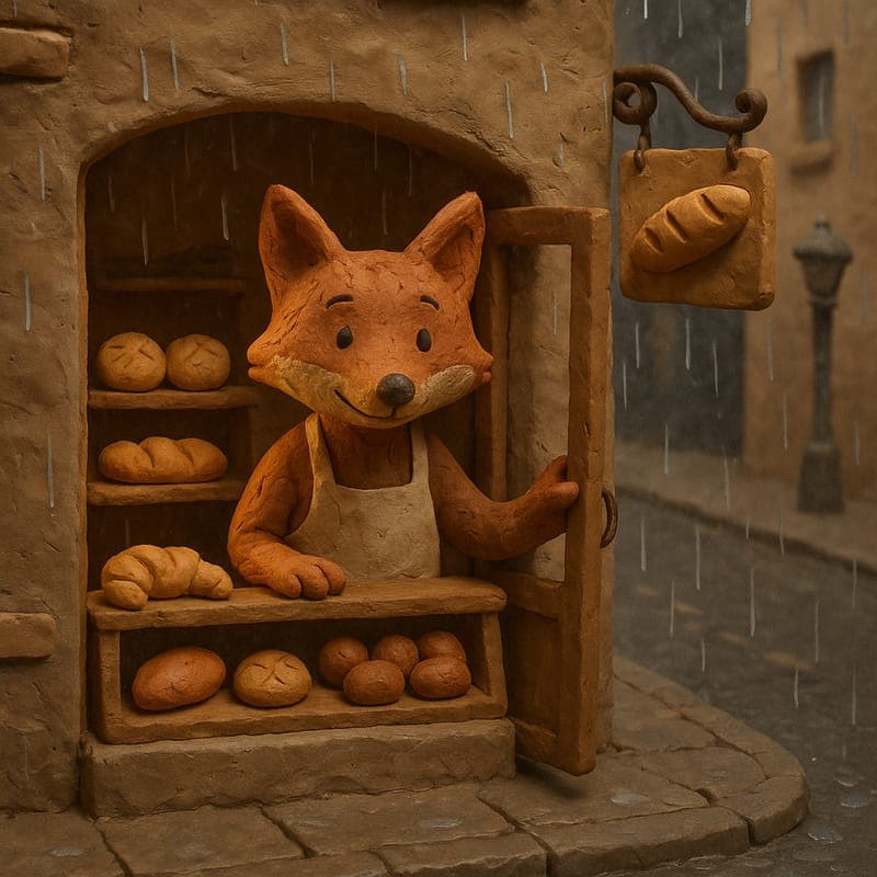 Claymation cartoon style example — a fox opening a bakery