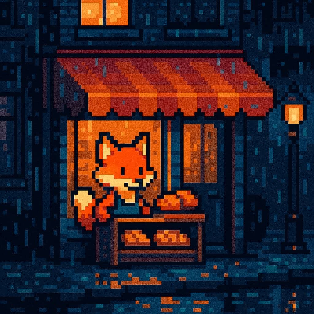 Pixel Art cartoon style example — a fox opening a bakery
