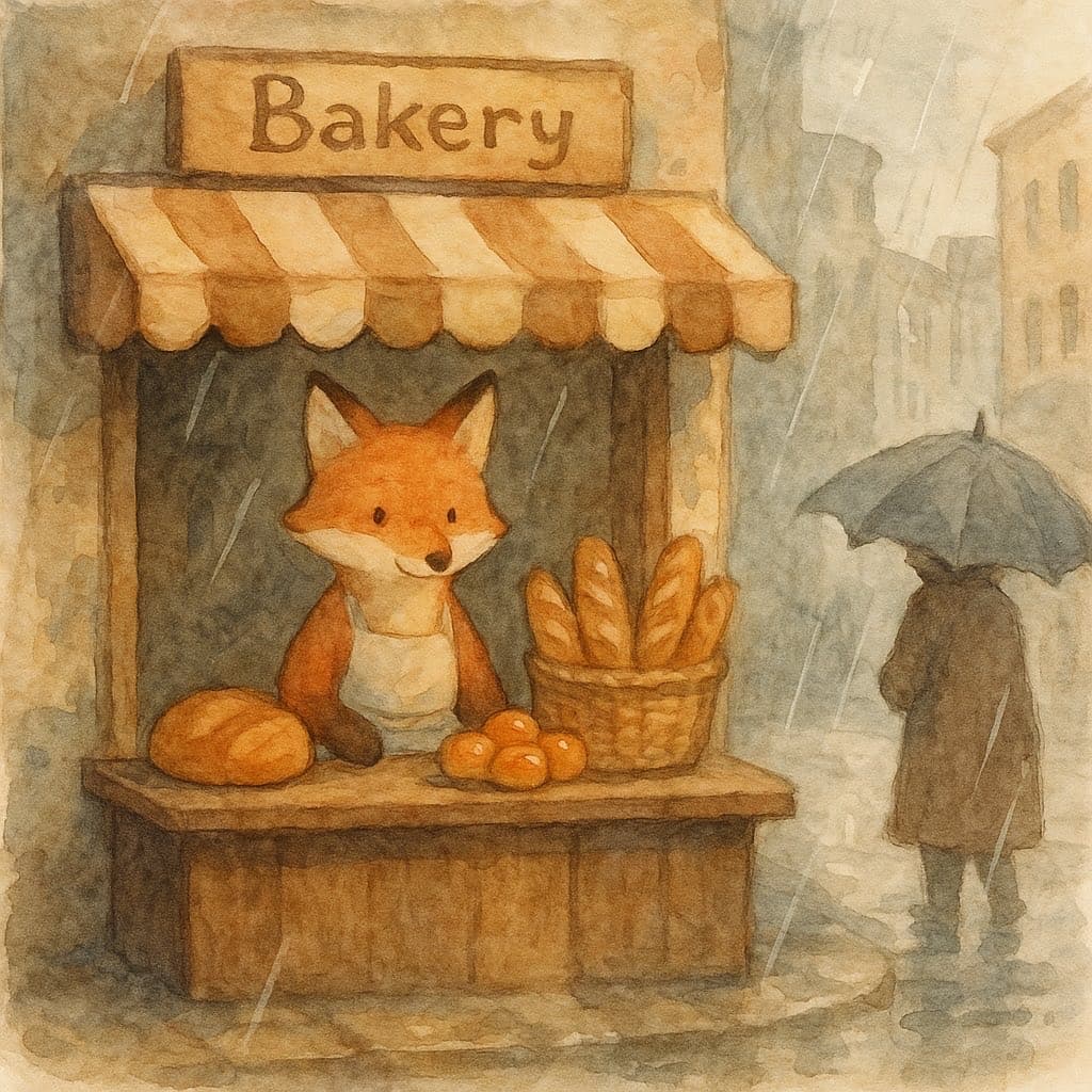 Watercolor cartoon style example — a fox opening a bakery